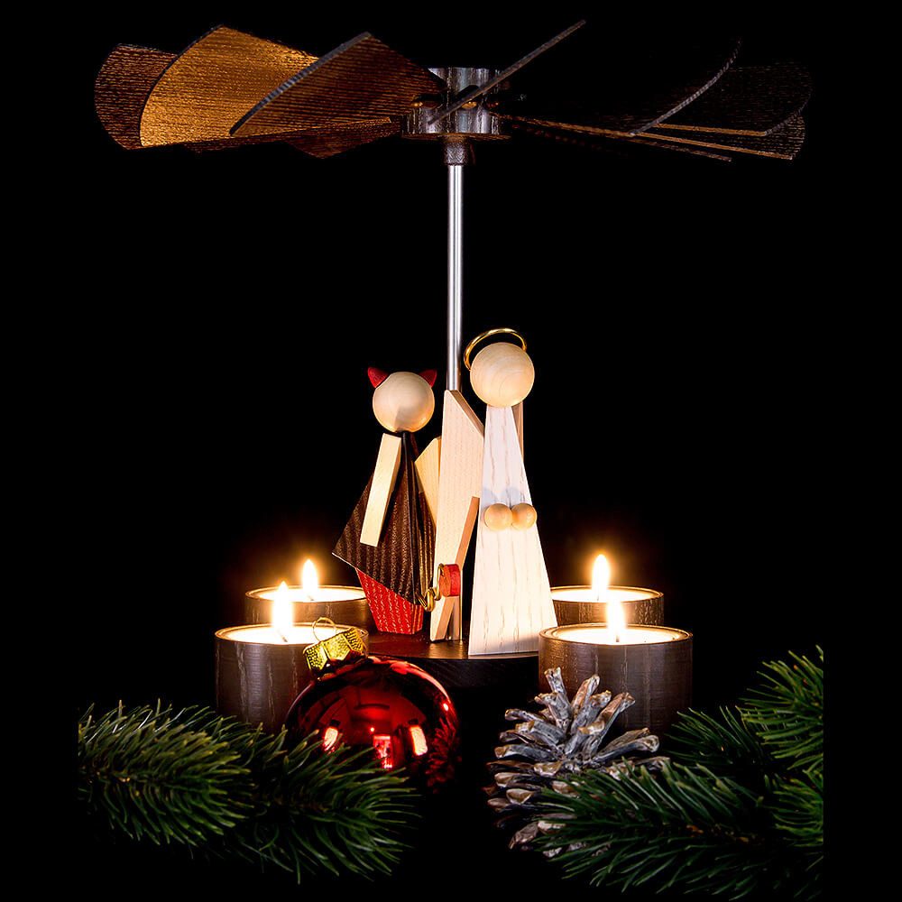 KWO Weihnachtspyramide Engelchen & Teufelchen, 1-stöckig, Handgefertigt, 26cm, Festliche Dekoration