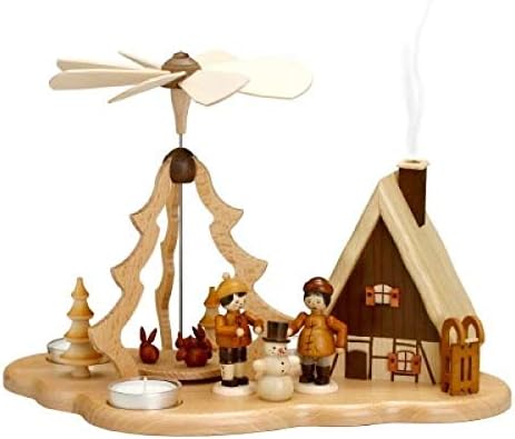 Zeidler Teelichtpyramide Winterkinder Natur mit Räucherhaus – Handgefertigt, Erzgebirgische Volkskunst