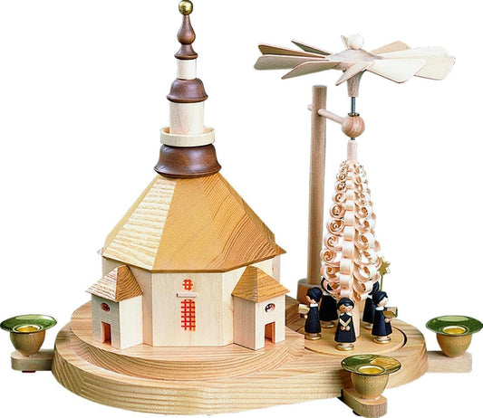 Richard Glaesser Seiffener Kirche mit Weihnachtspyramide: Handgefertigte, elektrisch beleuchtete Kurrende-Szene