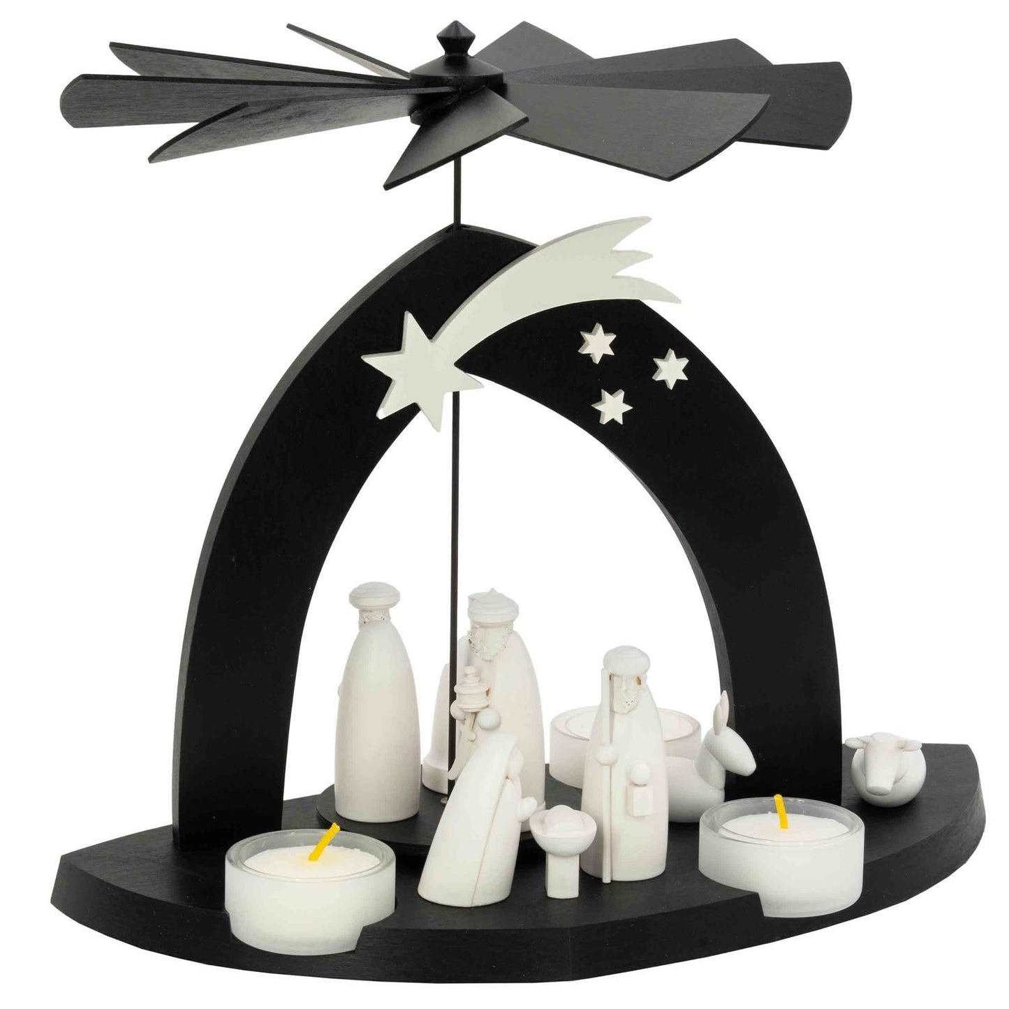 Moderne Schwarze Weihnachtspyramide: Christi Geburt & Drei Weisen – Holzkunst