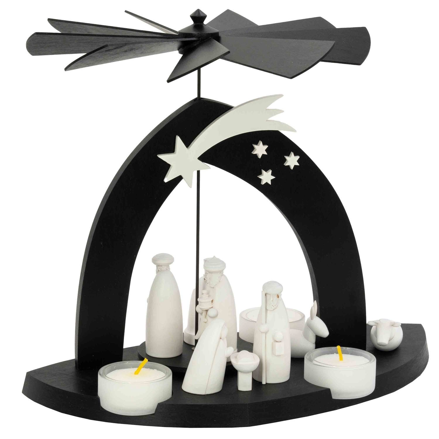 Moderne Schwarze Weihnachtspyramide: Christi Geburt & Drei Weisen – Holzkunst