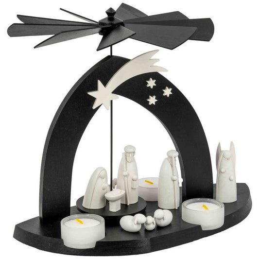 Moderne Schwarze Weihnachtspyramide: Christi Geburt, Hirte & Engel. Edle Holzkunst.