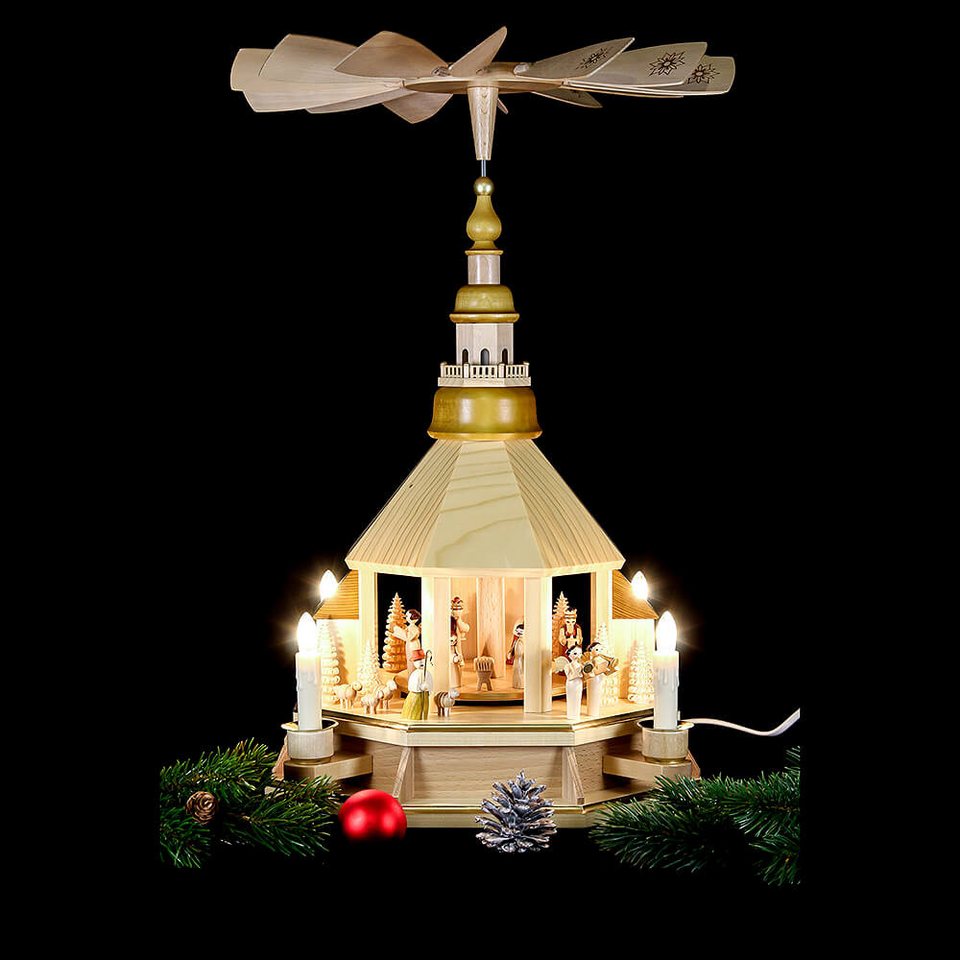 Richard Glässer Erzgebirge Weihnachtspyramide Seiffener Kirche Christi Geburt, elektrisch, 52cm