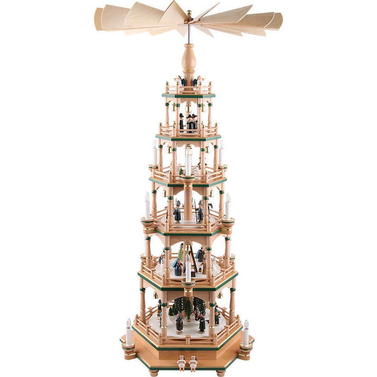 KWO Kunstgewerbe 6-stöckige Weihnachtspyramide Paradies Natur Grün Kurrende Figuren