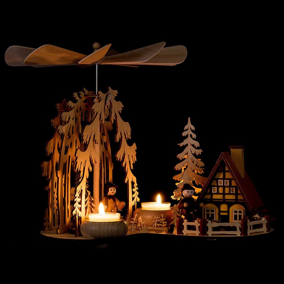 RATAGS Kunsthandwerk Handgefertigte Weihnachtspyramide Waldlichtung mit Räucherhaus und Waldleuten, 9.4 Zoll