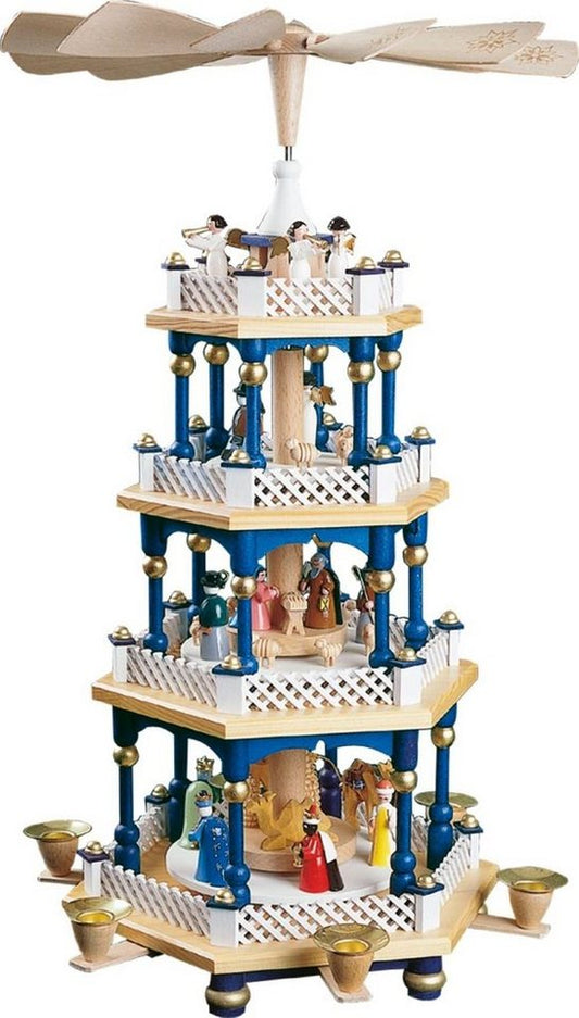 Richard Glaesser Weihnachtspyramide Heilige Familie Blau 3-stöckige Erzgebirge Holzhandwerkskunst, 54cm
