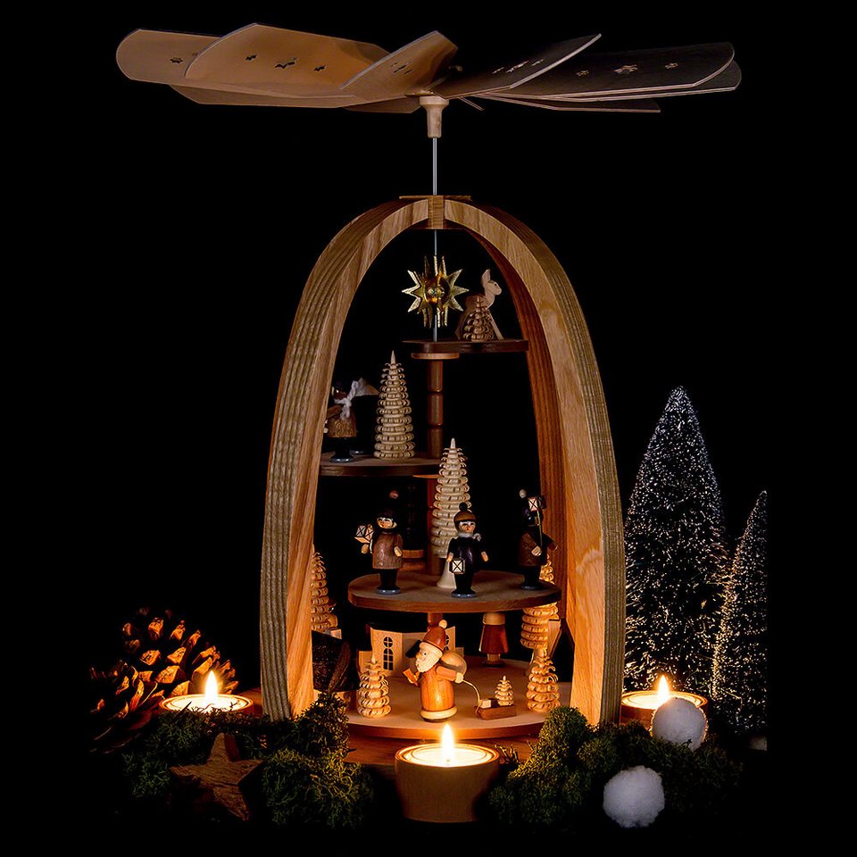 Traditionelle Knuth Neuber Weihnachtspyramide: 1-stöckig, Holz, Treppe, Natur, 41cm, Handgefertigt