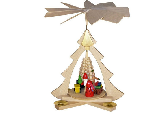 Traditionelle Erzgebirge Weihnachtspyramide: Handgefertigte Tischfigur mit drehendem Weihnachtsmann und Eisenbahn