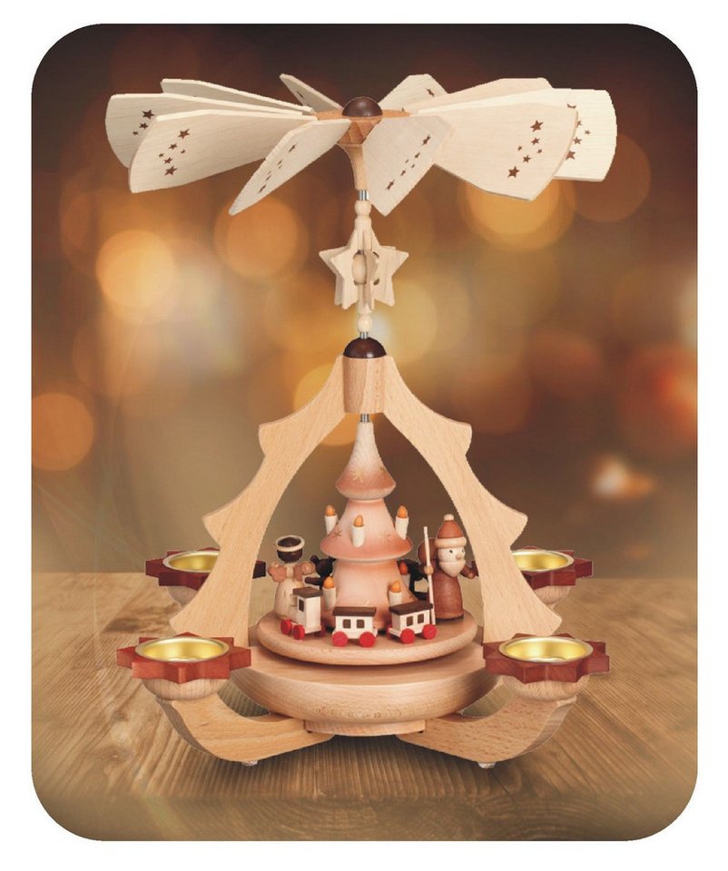 Zeidler Holzkunst Weihnachtspyramide Bescherung, 1-stöckig, Naturholz, 4 Teelichter Erzgebirge