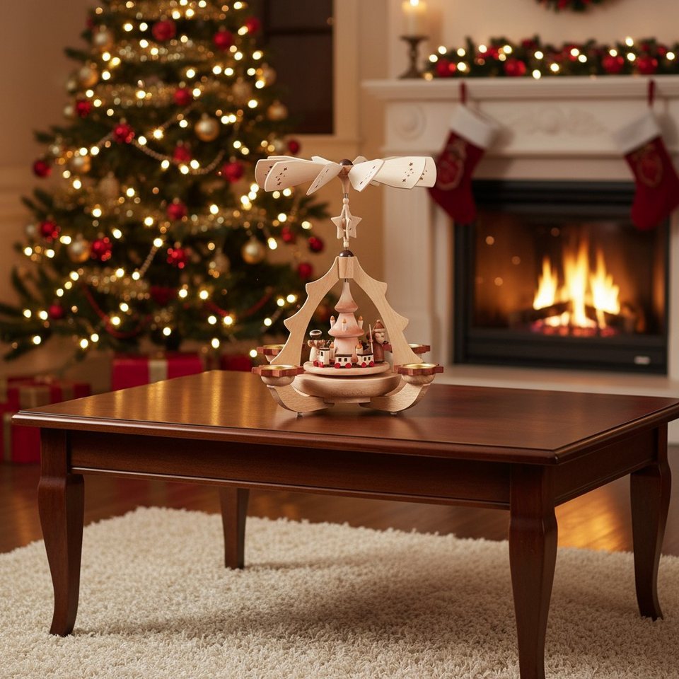 Zeidler Holzkunst Weihnachtspyramide Bescherung, 1-stöckig, Naturholz, 4 Teelichter Erzgebirge