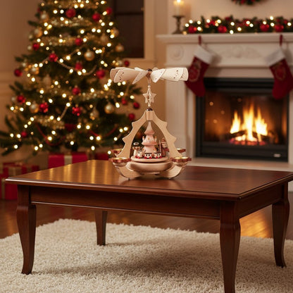 Zeidler Holzkunst Weihnachtspyramide Bescherung, 1-stöckig, Naturholz, 4 Teelichter Erzgebirge