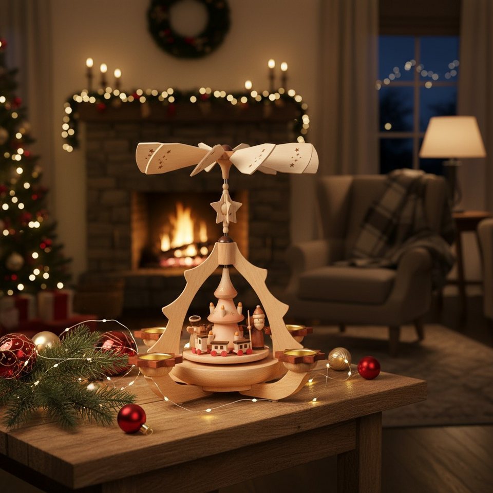 Zeidler Holzkunst Weihnachtspyramide Bescherung, 1-stöckig, Naturholz, 4 Teelichter Erzgebirge